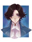  1boy absurdres ascot black_hair blue_coat blue_eyes closed_mouth coat cropped_shoulders freckles hashtag-only_commentary highres kuraedo lies_of_p looking_at_viewer male_focus parted_hair pinocchio_(lies_of_p) short_hair solo straight-on white_ascot 