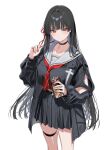  1girl absurdres arm_cutout belt black_belt black_choker black_hair black_jacket black_serafuku black_shirt black_skirt blunt_bangs blush breasts chisa_(wuthering_waves) choker closed_mouth clothing_cutout collarbone commentary_request cowboy_shot eating food grey_sailor_collar hair_ribbon hands_up hidis0086 highres holding holding_food holding_pocky jacket jewelry lapels large_breasts long_hair long_sleeves looking_at_viewer midriff_peek miniskirt mole mole_under_eye multiple_rings necktie notched_lapels open_clothes open_jacket pleated_skirt pocky red_eyes red_necktie red_ribbon ribbon ring sailor_collar school_uniform serafuku shirt shirt_overhang sidelocks simple_background skindentation skirt solo standing straight_hair thigh_strap very_long_hair white_background wuthering_waves 