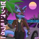 anthro beach black_body black_fur blue_body blue_fur canid car city clock clothing ear_piercing ear_ring eyewear fan_character fur generation_4_pokemon gun hair handgun head_tuft hi_res highlights_(coloring) holding_gun holding_object holding_ranged_weapon holding_weapon jacket japan japanese_text jewelry leather leather_clothing leather_jacket leather_topwear lucario male mammal multicolored_body multicolored_fur ninjatreecko nintendo outside palm_tree piercing pistol plant pokemon pokemon_(species) pokemorph ranged_weapon ring_piercing sea solo sports_car standing sunglasses synthwave text topwear tree tuft vaporwave vehicle watch water weapon zane_aurastar