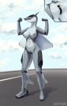 absurd_res aeromorph aircraft airplane anthro breasts female flexing flexing_bicep flexing_both_biceps goatesque hi_res hybrid living_aircraft living_machine living_vehicle looking_at_viewer machine mechanic metallic_body nipples smile smiling_at_viewer solo standing vehicle wings