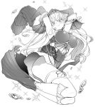  1girl aoi_takeru arm_fins armpits arms_up ben-day_dots breasts closed_mouth commentary_request duel_monster fish_girl full_body greyscale highres kitkallos_(yu-gi-oh!) large_breasts long_hair looking_at_viewer monochrome screentones solo tearlaments_kitkallos tiara white_background yu-gi-oh! 