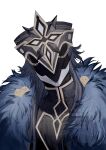  1boy absurdres black_helmet black_shirt blue_fur capitano_(genshin_impact) collared_shirt fur_trim genshin_impact hashtag-only_commentary helmet highres krts_000 male_focus shirt simple_background solo upper_body watermark white_background 