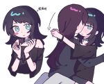  2girls arms_around_neck bang_dream! bang_dream!_it's_mygo!!!!! black_hair black_shirt blue_choker blue_eyes blush brown_hair choker closed_mouth cuffs handcuffs highres long_hair multiple_girls shiina_taki shirt simple_background sitting sitting_on_lap sitting_on_person smile translation_request white_background yahata_umiri yuri zerozz0oo 