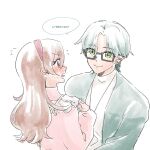  1boy 1girl blush brown_hair cardigan couple earrings frilled_shirt frills glasses green_cardigan green_eyes green_hair green_jacket headband heart heart-shaped_pupils hibiki_kaito highres hoop hoop_earrings jacket jewelry kimi_to_idol_precure long_hair looking_at_another looking_to_the_side mature_eyes mature_male multiple_earrings parted_bangs pink_shirt precure sakura_uta_(precure) shirt sideways sideways_face smile speech_bubble sweat sweatdrop sweater symbol-shaped_pupils syuri_(syurinpuuuuu) upper_body white_background 