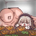  1boy 1girl blank_room_soup blonde_hair blush_stickers chibi clothed_female_nude_male coif commentary_request eating faceless faceless_male food furrowed_brow highres holding holding_spoon indoors intoushi leader_(trickcal) nude nun open_mouth parody pumpkin pumpkin_soup soup speaki_(trickcal) spoon tearing_up trembling trickcal 