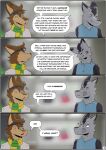 absurd_res ambiguous_species black_body black_fur blurred_background brown_body brown_fur canid canine canis clothing comic dark_matter_(li'l_melon) deception dialogue duo english_text facial_scar ferrx flight_goggles fur glaring glaring_at_another grey_body grey_fur head_tuft hi_res li'l_melon looking_at_viewer lying male mammal mohawk nervous offscreen_character page_number profanity scar scarf shirt speech_bubble strays_in_paradise t-shirt tank_top text topwear tuft wolf