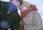  2boys black_coat black_eyes black_hair blonde_hair blue_gloves blue_scarf bwawnded closed_eyes coat commentary covered_mouth english_commentary gloves grey_coat highres lapels long_sleeves looking_at_another male_focus mob_psycho_100 multiple_boys notched_lapels red_gloves red_scarf reigen_arataka scarf serizawa_katsuya short_hair sideways_glance snow snowing yaoi 
