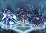  3girls absurdres ange_katrina ange_katrina_(1st_costume) animal_ears arm_up armband black_coat black_hair black_kimono blue_armband blue_background blue_eyes blue_hair blue_skirt blue_thighhighs boots casting_spell coat colored_inner_hair commentary_request convenient_leg dog_ears electricity floating_clothes floating_hair flower frilled_skirt frills furisode_sleeves glowing glowing_eyes group_picture hair_flower hair_intakes hair_ornament hair_over_one_eye hand_on_hilt hands_on_ground heterochromia highres inui_toko inui_toko_(1st_costume) jacket japanese_clothes kercerberus kimono knee_boots lace-up_boots legwear_garter lize_helesta lize_helesta_(1st_costume) long_hair long_skirt long_sleeves looking_ahead looking_at_viewer magic_circle maid_headdress medium_hair miniskirt multicolored_hair multiple_girls nijisanji on_one_knee planted planted_sword purple_eyes red_eyes red_hair red_skirt sanbaka_(nijisanji) skirt streaked_hair sword thighhighs two-tone_hair virtual_youtuber weapon white_boots white_hair white_headdress white_jacket yellow_eyes 