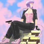  blue_hair book books busou_renkin crossover ghost_in_the_shell ghost_in_the_shell_stand_alone_complex gun kusanagi_motoko lowres purple_hair scar tsumura_tokiko weapon 
