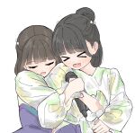  2girls animification black_hair brown_hair commentary fang hair_bun half_updo hashtag-only_commentary holding holding_microphone hug hug_from_behind kan_kanna link!_like!_love_live! long_hair long_sleeves love_live! microphone mira-cra_park! multiple_girls real_life single_hair_bun skin_fang tazaki_masanobu teeth tsubasa_la_liberte tsukine_kona upper_teeth_only voice_actor 