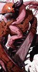  1boy alternate_form arm_blade armor blood blood_on_weapon chainsaw chainsaw_man demon_boy demon_horns denji_(chainsaw_man) glowing glowing_eye highres horns intestine_clothing male_focus monster_boy omegaa_7 orange_armor pink_scarf scarf sharp_teeth solo teeth upper_body weapon 