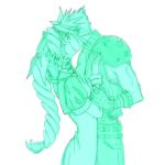  1boy 1girl aerith_gainsborough armor bangle belt bracelet braid braided_ponytail breasts cloud_strife commentary couple cropped_jacket english_commentary final_fantasy final_fantasy_vii green_theme hair_ribbon hand_in_another's_hair hand_on_another's_chest hetero highres holding_another's_wrist jewelry kiss light_blush long_hair macyy707 medium_breasts parted_bangs pauldrons puffy_short_sleeves puffy_sleeves ribbon short_hair short_sleeves shoulder_armor sidelocks single_bare_shoulder single_braid single_pauldron sleeveless sleeveless_turtleneck spiked_hair turtleneck upper_body white_background 