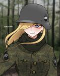  1girl artist_name black_sun_(symbol) blonde_hair blue_eyes breast_pocket breasts buttons camouflage camouflage_jacket clenched_teeth commentary english_commentary floating_hair green_scarf hair_over_one_eye highres jacket koalakanru military nazi neck_tattoo original patch photo_background pocket scarf tattoo teeth tree world_war_ii 