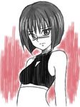  1girl blush breasts busou_renkin female lowres monochrome qvga scar short_hair simple_background sketch solo tsumura_tokiko 