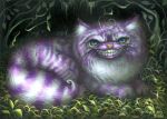  alice_in_wonderland ambiguous_gender blue_eyes cheshire_cat cheshire_cat_(species) countershade_fur countershading domestic_cat felid feline felis feral fluffy fluffy_tail fur grass grin jasmine_becket-griffith leaf looking_at_viewer mammal multicolored_body painting_(artwork) paws pink_nose plant pointy_ears purple_body purple_fur purple_stripes smile solo stripes tail teeth toothy_grin traditional_media_(artwork) traditional_painting_(artwork) whiskers white_body white_fur 