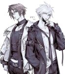  2boys alternate_costume bandaid bandaid_on_face bandaid_on_nose black_choker black_coat black_nails black_necktie black_pantyhose black_shirt blonde_hair blue_eyes brown_hair chain choker cloud_strife_(urban_wolf) coat cowboy_shot dissidia_duellum_final_fantasy dissidia_final_fantasy earrings eyebrow_piercing face_piercing final_fantasy final_fantasy_vii final_fantasy_viii hair_between_eyes hair_ornament hairclip hand_in_pocket highres jewelry lily_(shio1006) lip_piercing long_coat loose_necktie male_focus midriff_peek multiple_boys multiple_earrings multiple_rings muted_color nail_polish necklace necktie official_alternate_costume pantyhose parted_bangs piercing ring scar scar_on_face scar_on_forehead shirt shirt_partially_tucked_in short_hair spiked_hair spiked_jacket tongue tongue_out tongue_piercing white_background 