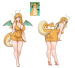  1girl :o absurdres antennae ass back bare_arms bare_legs bare_shoulders barefoot breasts cleavage collarbone commentary covered_navel dragon_tail dragon_wings dragonite dress dress_tug english_commentary feet full_body green_eyes hair_between_eyes hair_intakes height highres kneepits large_breasts leaning_forward legs long_hair looking_at_viewer multiple_views nihu orange_dress parted_lips photo_inset pokemon reference_sheet simple_background skindentation smile soles tail tail_through_clothes thick_tail thighs tiptoes toenails toes white_background wings 