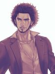  1boy backlighting beard buttons cigarette commentary_request facial_hair jacket jewelry kasuga_ichiban long_sleeves looking_to_the_side male_focus mature_male monochrome mouth_hold mustache necklace open_clothes open_jacket pectoral_cleavage pectorals ryuu_ga_gotoku_(series) ryuu_ga_gotoku_7 short_hair sideburns simple_background smoking solo teeth_hold upper_body white_background yuuri_(yuri83) 