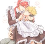  2boys alternate_costume apron beads black_dress black_hair blonde_hair blush bracelet braid braided_ponytail crossdressing crossdressing_(mtf) dress earrings enmaided eye_contact finger_to_another's_mouth finger_to_mouth frilled_apron frills grey_pants heart highres index_finger_raised jewelry long_hair long_sleeves looking_at_another maid maid_apron maid_headdress male_focus male_maid multicolored_hair multiple_boys ne_mum2 on_lap pants parted_lips red_eyes red_hair shiguang_dailiren short_hair shushing simple_background single_braid sitting sitting_on_lap sitting_on_person smile two-tone_hair white_apron white_background xia_fei xiao_weiying yaoi 