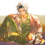  1boy antenna_hair black_headband blue_eyes cardigan chimera_(honkai:_star_rail) chinese_commentary commentary_request green_pajamas headband highres honkai:_star_rail honkai_(series) male_focus mydei_(fig_stew)_(honkai:_star_rail) mydei_(honkai:_star_rail) neck_tattoo official_alternate_costume open_cardigan open_clothes pajamas parted_bangs phainon_(honkai:_star_rail) pink_cardigan qiaose33912 short_hair solo sun_symbol sun_tattoo tattoo white_hair 