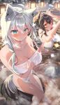  2girls absurdres ahoge alcohol animal_ears aqua_eyes bathing black_hair braid breasts choko_(cup) cleavage closed_mouth commentary_request covering_privates cup double-parted_bangs fox_ears fox_girl fox_tail hair_between_eyes highres holding holding_cup hololive large_breasts long_hair looking_at_viewer multicolored_hair multiple_girls naked_towel nude_cover onsen ookami_mio partially_submerged pentagram ponytail red_hair sake shiori_(gotoo0226) shirakami_fubuki side_braid sidelocks sitting snow soaking_feet steam streaked_hair tail towel virtual_youtuber white_hair wolf_ears wolf_girl yellow_eyes 