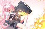  1girl absurdres ahoge ammunition ballistic_shield beretta_1301 black_gloves blue_archive blue_eyes bulletproof_vest casing_ejection covered_mouth explosion fingerless_gloves firing gloves gradient_background grey_skirt gun halo heterochromia highres holding holding_gun holding_weapon hoshino_(armed)_(blue_archive) hoshino_(blue_archive) knee_up kneehighs long_hair lq470878013969 official_alternate_costume official_alternate_hairstyle pink_background pink_hair pink_halo plaid_clothes plaid_skirt pleated_skirt ponytail pouch rifle school_uniform shell_casing shield shirt shotgun_shell skirt sleeves_rolled_up socks solo tactical_school_uniform very_long_hair vest weapon white_background white_shirt white_socks yellow_eyes 