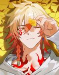  1boy blonde_hair braid chest_tattoo clawed_gauntlets commentary earrings facial_tattoo ginkgo_leaf gold_earrings gradient_hair hazozoyaku highres holding holding_leaf honkai:_star_rail honkai_(series) hood hood_down hoodie jewelry leaf male_focus medium_hair multicolored_hair mydei_(honkai:_star_rail) neck_tattoo one_eye_closed red_hair red_tattoo side_braid solo tattoo white_hoodie yellow_eyes 