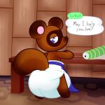 1:1 animal_crossing apron big_diaper big_ears blue_eyes canid canine clothing diaper exposed_diaper fluffy fluffy_tail furniture hi_res male mammal nintendo offscreen_character raccoon_dog raccoon_mask sir-dancalot solo table tail tanuki tom_nook_(animal_crossing) wrapping_paper