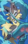  1other absurdres animal_ears black_fur blue_eyes blue_fur body_fur furry highres kicking looking_at_viewer lucario mega_lucario_z mega_pokemon multicolored_fur nullma pokemon pokemon_(creature) pokemon_focus pokemon_legends:_z-a solo tail yellow_fur 
