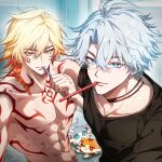  2boys abs antenna_hair arm_tattoo bboo_hoyo black_choker black_shirt blonde_hair blue_eyes braid chest_tattoo chimera_(honkai:_star_rail) choker commentary_request facial_tattoo gradient_hair highres honkai:_star_rail honkai_(series) korean_commentary male_focus medium_hair multicolored_hair multiple_boys muscular muscular_male mydei_(fig_stew)_(honkai:_star_rail) mydei_(honkai:_star_rail) neck_tattoo parted_bangs phainon_(honkai:_star_rail) phainon_(vigethos)_(honkai:_star_rail) red_hair red_tattoo shirt short_hair side_braid sun_symbol sun_tattoo tattoo toothbrush toothbrush_in_mouth topless_male white_hair yellow_eyes 