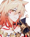  1boy arm_tattoo armlet black_coat blonde_hair braid chest_tattoo clawed_gauntlets coat commentary_request facial_tattoo ggaerok gold_necklace gradient_hair highres honkai:_star_rail honkai_(series) jewelry korean_commentary looking_at_viewer male_focus medium_hair multicolored_hair mydei_(honkai:_star_rail) necklace open_clothes open_coat red_hair red_tattoo side_braid solo tattoo twitter_username watermark yellow_eyes 