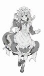  1girl :o animal_ear_fluff animal_ears apron arm_up blush bow cat_ears cat_girl cat_tail character_request commentary_request fang frilled_apron frills full_body greyscale highres ikeuchi_tanuma juliet_sleeves kemonomimi_mode long_sleeves looking_at_viewer maid maid_apron maid_headdress monochrome open_mouth original pantyhose puffy_sleeves shoe_soles shoes simple_background solo tail white_background 