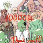  anger_vein armor bald banamei bug colored_skin commentary_request dog goblin goblin_conqueror green_skin happy highres looking_at_viewer milestone_celebration monster multiple_boys muscular muscular_male nude official_art orc simple_background smile spider ugly_bastard veins 