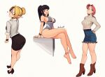  3girls :d absurdres artist_name ass bare_arms bare_legs bare_shoulders belt black_eyes black_hair black_shoes black_skirt blonde_hair blue_eyes blue_skirt boots breasts brown_boots commentary crossed_legs elf english_commentary forecast_janna frilled_skirt frills full_body grey_leotard hair_bun hand_on_own_hip heart high_heel_boots high_heels highres janna_(league_of_legends) large_breasts league_of_legends leaning_forward leotard long_hair long_pointy_ears long_sleeves looking_at_viewer low_ponytail multiple_girls office_lady open_mouth original pencil_skirt pointy_ears ponytail raichiyo33 red_hair ribbed_sweater shirt shoes simple_background sitting skirt smile standing sweater turtleneck turtleneck_sweater white_background white_shirt white_sweater wristband 