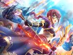  1girl 2others armor arrow_(projectile) black_gloves black_skirt bow_(weapon) building fire flag fur_trim game_cg glasses gloves grey_eyes helm helmet holding holding_arrow holding_bow_(weapon) holding_weapon hoshimi_junna long_hair multiple_others official_art open_mouth ponytail purple_hair shoujo_kageki_revue_starlight shoujo_kageki_revue_starlight_-re_live- showgirl_skirt sidelocks skirt solo_focus standing upper_body weapon 