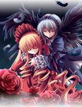  black_dress black_wings blonde_hair closed_eyes dress feathers flower frills fuyuwa_kotatsu hairband juliet_sleeves lolita_hairband long_sleeves multiple_girls puffy_long_sleeves puffy_sleeves red_dress red_flower red_rose rose rozen_maiden shinku silver_hair sleeping suigintou wings 