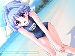  1girl animal_ears bangs beach blancmanche_mint blue_hair character_name cloud copyright_name dutch_angle galaxy_angel green_eyes hands_on_knees looking_at_viewer mint_blancmanche name_tag ocean open_mouth outdoors school_swimsuit short_hair sky smile solo swimsuit translated wet yellow_eyes 