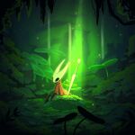  1girl absurdres arthropod_girl black_eyes black_skin cave_interior cloak clover colored_skin commentary english_commentary full_body highres hollow_eyes hollow_knight hollow_knight:_silksong horned_mask hornet_(hollow_knight) horns mask moss needle_(hollow_knight) red_cloak rock shirotani sitting solo weapon white_mask 