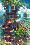  air_conditioner blue_sky bunting cloud commentary_request day fantasy highres house lantern leaf neur no_humans ocean original railing rooftop scenery sky summer sunlight town tree 