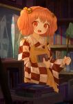  1girl absurdres apron bell book bookshelf checkered_clothes checkered_kimono clothes_writing commentary_request duster ekaapetto english_commentary hair_bell hair_ornament highres holding holding_book holding_duster japanese_clothes jingle_bell kimono long_sleeves looking_at_viewer making-of_available mixed-language_commentary motoori_kosuzu open_mouth orange_eyes orange_hair paid_reward_available scroll smile solo touhou two_side_up wide_sleeves yellow_apron 