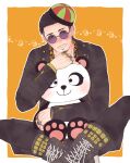  1boy black_hair black_jacket black_pants boots border closed_mouth commentary_request facial_hair goatee hair_slicked_back hat holding holding_stuffed_toy jacket jewelry lace-up_boots looking_at_viewer male_focus mature_male multiple_rings mustache orange_background pants purple-tinted_eyewear ring ryuu_ga_gotoku_(series) ryuu_ga_gotoku_7 short_hair sideburns sitting smile solo striped_hat stuffed_animal stuffed_panda stuffed_toy tinted_eyewear white_border yuuri_(yuri83) zhao_tianyou 