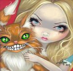  alice_(alice_in_wonderland) alice_in_wonderland ambiguous_gender blonde_hair blue_eyes cheshire_cat cheshire_cat_(species) clothed clothing domestic_cat duo eyebrows fangs felid feline felis female feral fluffy fur green_eyes grin hair human jasmine_becket-griffith lips long_hair low_res makeup mammal orange_body orange_fur pale_skin pink_lips pink_nose pupils running_makeup slit_pupils smile tail teeth thin_eyebrows toothy_grin 