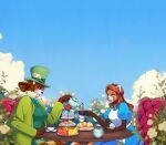 ailurid alice_in_wonderland anthro bear beverage blizzard_entertainment chrysanthemummy clothed clothing cosplay curvy_figure disney duo fairy_tales female female/female flower fur garden hair hi_res huan_honeybrew mammal multicolored_body multicolored_fur multicolored_hair nesteaisnasty outside pandaren plant red_panda rose_(flower) size_difference skinny_female sky sweets teaparty warcraft