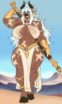 abs absurd_res anthro big_breasts black_horn blue_eyes bottomwear bovid bovid_horn bovine bovine_horn bra breasts brown_body brown_fur bull_horn cattle clothing desert desert_background eyebrows eyelashes fan_character female fur gem gold_(metal) gold_armband gold_belt gold_ear_ring gold_gloves gold_jewelry hair hi_res hooves horn horn_jewelry horn_ring jewelry lazyllama loincloth long_ears long_hair looking_at_viewer mammal markings muscular muscular_anthro muscular_arms muscular_female muscular_thighs navel ponytail ring_(jewelry) ruby_(gem) sand_dune skimpy_dress sky smile snout solo spots spotted_body spotted_fur staff story story_in_description teeth_showing thick_thighs underwear white_eyebrows white_hair white_spots