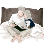  barefoot bed bed_sheet black_shirt book brother_and_sister closed_eyes closed_mouth commentary_request dungeon_meshi falin_touden full_body grey_hair grey_pants highres holding holding_book indian_style laios_touden leaning_on_person light_blush long_hair nya_pe on_bed open_book open_mouth pants reading shirt short_hair siblings sitting skirt smile white_background white_shirt white_skirt 