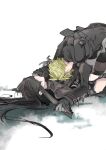  1boy 1girl 2b_(nier:automata) 2b_(nier:automata)_(cosplay) 9s_(nier:automata) 9s_(nier:automata)_(cosplay) between_legs black_boots black_dress black_gloves black_hair black_jacket black_shorts black_thighhighs blindfold blonde_hair boots boy_on_top closed_mouth cloud_strife commentary_request company_connection cosplay couple dress feather-trimmed_sleeves feet_out_of_frame final_fantasy final_fantasy_vii final_fantasy_vii:_ever_crisis from_side gloves head_on_chest hetero highres holding_hands jacket juliet_sleeves kneeling leaning_on_person leg_up long_hair long_sleeves lying nier:automata nier_(series) official_alternate_costume on_back oshibainoticket puffy_sleeves short_hair shorts spiked_hair thigh_boots thighhighs thighhighs_under_boots tifa_lockhart tifa_lockhart_(battler_ensemble) turtleneck turtleneck_dress 