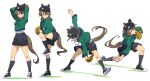  1girl animal_ears ball baseball baseball_(object) baseball_mitt black_shorts black_socks blue_eyes breasts brown_hair cheval_grand_(casual)_(umamusume) cheval_grand_(umamusume) closed_mouth ear_covers ears_through_headwear green_hoodie hair_between_eyes hat highres holding hood hood_down hoodie horse_ears horse_girl horse_tail long_sleeves multicolored_hair multiple_girls nishiki_kazue pitching shirt shoes shorts socks standing standing_on_one_leg streaked_hair tail umamusume white_hair white_shirt 