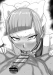 1boy 1girl absurdres angry bar_censor blush censored clothed_female_nude_male erection fellatio highres kaiman_garupan lebanne_(pokemon) looking_at_viewer maid maid_headdress monochrome nude oral penis pokemon pokemon_legends:_z-a pov solo_focus sweat tongue tongue_out 