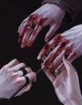  0pa9ue4 2others black_nails bleeding blood bruise_on_hand commentary_request hand_focus hand_on_another's_hand highres holding holding_paintbrush injury jewelry multiple_others multiple_rings original out_of_frame outstretched_hand paintbrush painting_(action) ring veins 