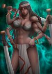  1girl abs bandana breasts brown_hair castlevania:_aria_of_sorrow castlevania_(series) chest_sarashi cleavage curly_(castlevania) dark_skin extra_arms geravass gold_ring highres holding holding_sword holding_weapon jewelry loincloth long_hair navel orange_eyes planted planted_sword sarashi signature solo sword weapon 